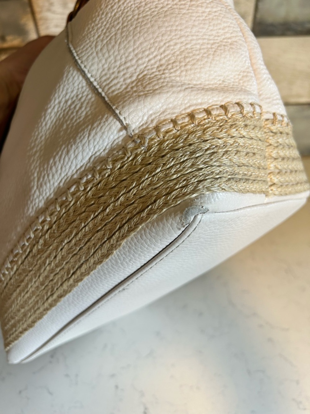 The Sak White Leather Shoulder Bag with Pink Embroidered Trim and Tan Braiding - Picture 16 of 16